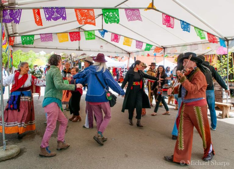 People dancing under a decorated tent.